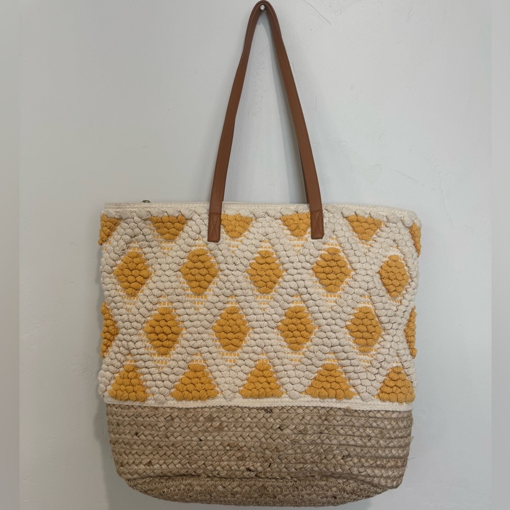 Lulu Dharma Woven Straw and Crochet Boho Large Tote Market Bag Mustard